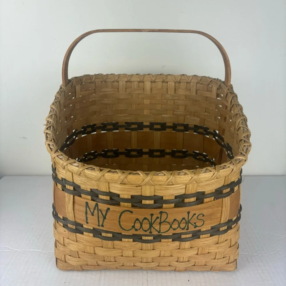 Handcrafted basket for cookbooks with handle-signed by maker